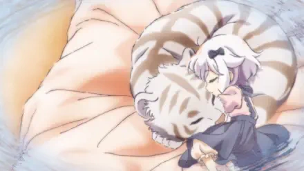 HD anime desktop wallpaper of Ellen (Dad is a Hero, Mom is a Spirit, I'm a Reincarnator) sleeping while cuddling a large white-striped tiger on a soft pastel cushion.
