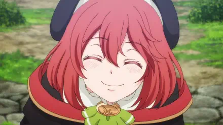 HD anime desktop wallpaper of Yoruha Eisentz from The Banished Court Magician Aims to Become the Strongest — red hair, eyes closed in a gentle smile, wearing a cloak and green ribbon in a grassy outdoors.