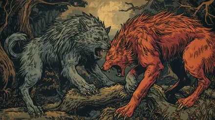2K Quad HD PC desktop wallpaper: two snarling wolves — grey and red — locked in a fierce fight amid a shadowy, twisted forest.