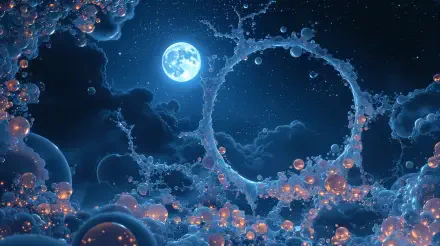 4K Ultra HD PC desktop wallpaper: luminous full moon above surreal circular cloud formations dotted with glowing orbs against a deep, starry moonlit sky.