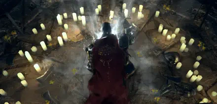 Fantasy HD PC desktop wallpaper: a lone knight in a blood-red cloak kneels amid a ring of lit candles on cracked stone as mist and ethereal light surge overhead.