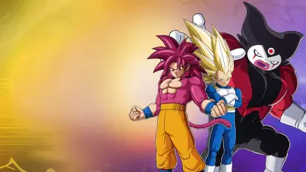 DRAGON BALL: Sparking! ZERO 4K Ultra HD PC wallpaper: two Super Saiyan warriors (pink and gold hair) stand with a dark villain against a glowing gradient background.