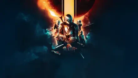 The Mandalorian (TV Show) 5K Ultra HD PC desktop wallpaper and background: armored Mandalorian centered with blaster, allies behind, fiery vertical light over a dark cosmic backdrop.