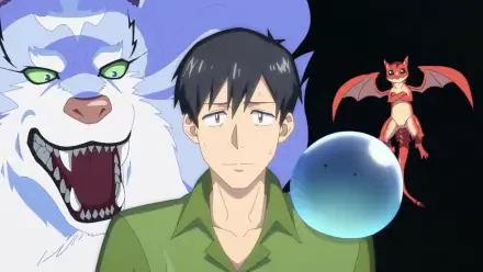 HD PC desktop wallpaper — anime from Campfire Cooking in Another World with my Absurd Skill: a dark-haired man centered, flanked by a snarling white wolf, a blue slime orb and a tiny red dragon.