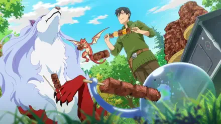 Anime HD PC desktop wallpaper: Campfire Cooking in Another World with my Absurd Skill — protagonist skewers grilled meat beside a large wolf and a bubbling magical pot in a sunny meadow.