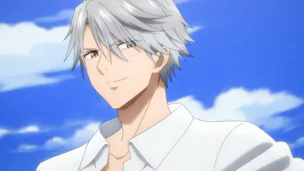 Anime HD desktop wallpaper of Aristide Roger de Galbraith from Pass the Monster Meat Milady! — silver-haired young man in a white shirt smiling against a bright blue sky.