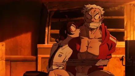 Anime HD PC desktop wallpaper showing Shiori Fuyumura perched on a bound, grizzled Sanda Kazushige in a dim, amber-lit room, their tense expressions lit by warm shadows.