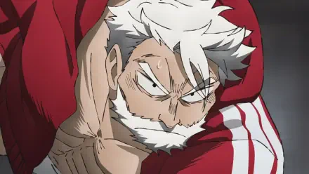 Anime HD PC desktop wallpaper of Sanda Kazushige: white-haired, bearded, muscular man in a red striped tracksuit, staring with a fierce, intense glare.