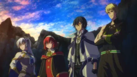 HD anime desktop wallpaper — The Banished Court Magician Aims to Become the Strongest: four allies (dark-haired mage, red-hooded companion, silver-haired fighter, blond guardian) beneath a vivid twilight sky.