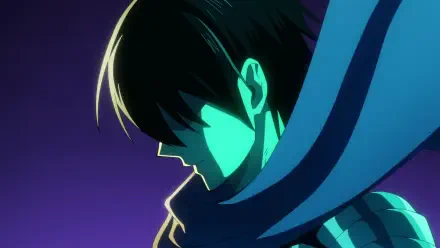 Anime HD PC desktop wallpaper of Sonic (One-Punch Man) in a teal-lit side profile, cloak and scarf flowing against a purple gradient background.