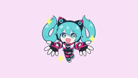 Chibi Hatsune Miku from Sonic Racing: CrossWorlds — teal twin‑tails in a racing suit reaching out with sparkles on a pastel pink HD PC desktop wallpaper.