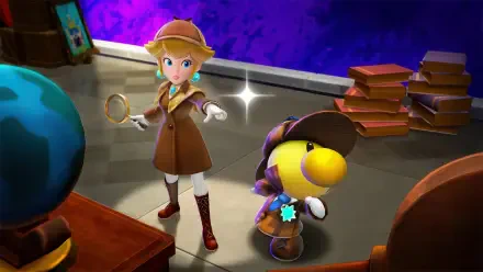 Princess Peach Showtime! HD PC desktop wallpaper: Princess Peach in a detective coat with magnifying glass beside a small yellow companion in a study with globe and stacked books.