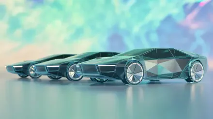 Three teal low-poly futuristic cars lined up against a pastel, iridescent bokeh backdrop — 4K Ultra HD PC desktop wallpaper and background.