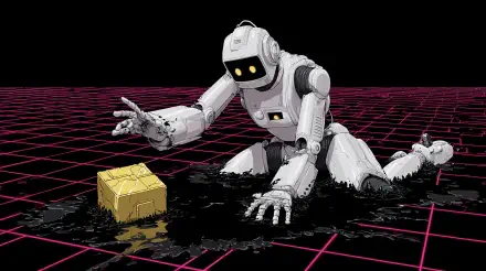 4K Ultra HD PC desktop sci‑fi wallpaper/background: a damaged white robot sinking through a neon grid, desperately reaching for a glowing box — failing, a poignant not good enough moment.