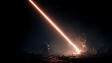 4K Ultra HD PC desktop wallpaper: a blazing diagonal beam of light pierces a dark, rocky landscape, striking the ground amid glowing debris and curling smoke.