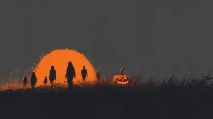 Halloween, minimal Halloween 4K Ultra HD PC desktop wallpaper and background: silhouetted figures and a jack-o'-lantern before an oversized orange moon over a dark grassy horizon.