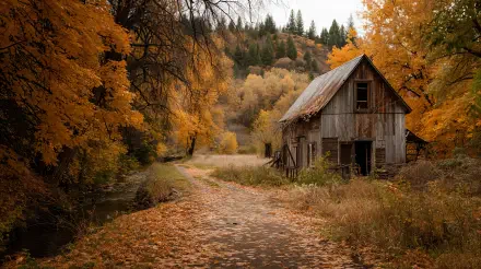 Rustic fall scene: weathered wooden cabin by a leaf-strewn path and creek, golden trees and distant pines — 4K Ultra HD PC desktop wallpaper and background.