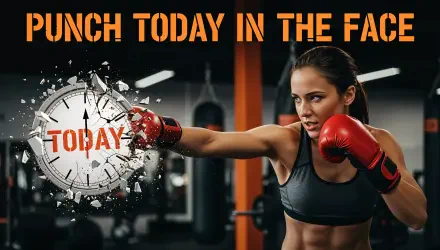 Motivational 4K Ultra HD PC desktop wallpaper and background: a woman in red boxing gloves punches a shattered clock labeled TODAY beneath bold text PUNCH TODAY IN THE FACE.