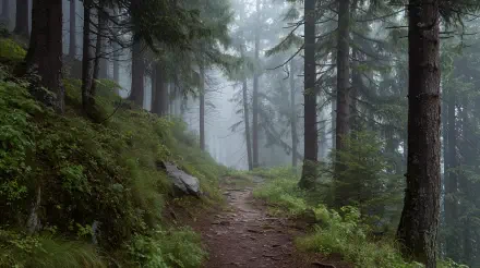 4K Ultra HD PC desktop wallpaper of a misty forest trail winding between tall evergreens, mossy undergrowth and soft, diffused fog.