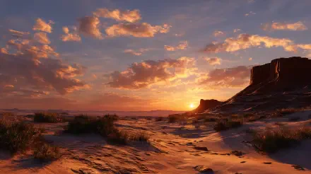 4K Ultra HD PC desktop wallpaper and background — desert sunset with sun dipping behind a mesa, warm orange clouds, rippled sand and sparse shrubs casting long shadows.