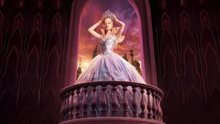 Wicked: For Good — 5K Ultra HD PC desktop wallpaper and background of a crowned woman in a shimmering ball gown on a balcony beneath a gothic arch, warm sunset glow behind her.