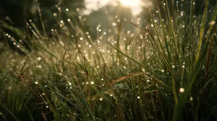 4K Ultra HD PC desktop wallpaper: close-up of grass with morning dew droplets sparkling in soft sunrise light, peaceful nature background.