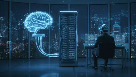 Sci‑Fi mind-upload 4K Ultra HD PC desktop wallpaper and background: operator at a console as a holographic brain streams data into a glowing server rack against a neon city skyline.