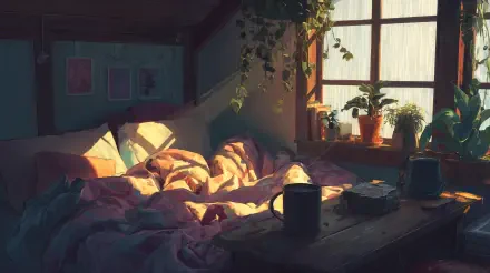 Cozy morning bedroom interior bathed in warm sunlight, rumpled bed, plants on the windowsill and a mug on the desk — 4K Ultra HD PC desktop wallpaper.