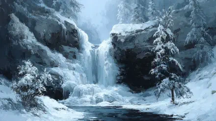 4K Ultra HD PC desktop wallpaper: serene frozen waterfall in a snow-laden forest, icy cascades and frosted evergreens under soft blue winter light.