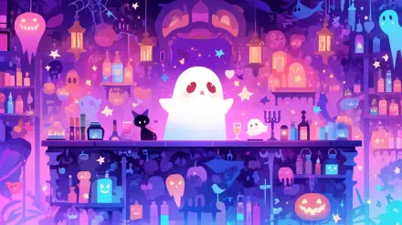 Cute anime-style ghost in a pastel neon Halloween scene with lanterns, jack-o'-lanterns and a black cat — aesthetic AI art, 2K Quad HD PC wallpaper/background.