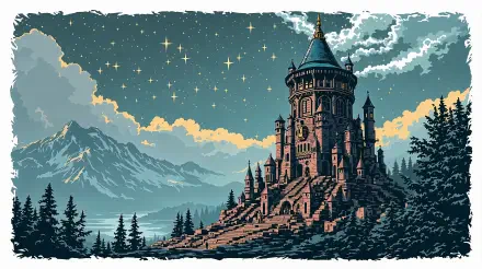 4K Ultra HD PC desktop wallpaper of a lone wizard tower on a rocky promontory under a starry sky, pine forest foreground and distant snow-capped mountains.