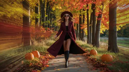 Fall fashion — woman in wide-brim hat, burgundy coat and knee-high boots walks a pumpkin-lined autumn path; 4K Ultra HD PC desktop wallpaper and background.