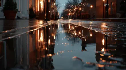 Puddle-lined city street at dusk with warm string lights mirrored in rain — rainy reflection; 4K Ultra HD PC desktop wallpaper and background.