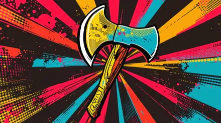 Colorful pop-art axe with a yellow handle and turquoise blade exploding from a red, yellow and blue radial halftone — 4K Ultra HD PC desktop wallpaper and background.