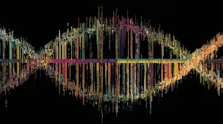 4K Ultra HD PC desktop wallpaper showing genetic code as a stylized double helix of cascading multicolored data bars and digits on a black background.