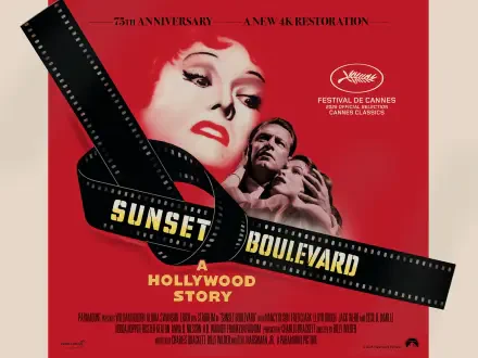 Bold red Sunset Boulevard movie poster featuring dramatic faces, a filmstrip title and Cannes laurel — HD PC desktop wallpaper/background that evokes classic Hollywood.