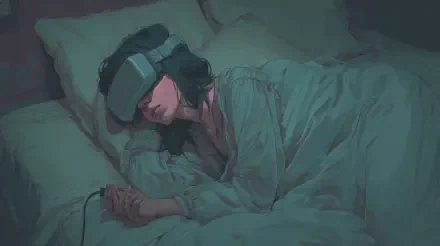 Sleepcore 4K Ultra HD PC desktop wallpaper: stylized teal scene of a person asleep under blankets wearing a VR headset and headphones, hand resting on the sheets.