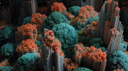 Abstract 'Entropy' fractal landscape of teal and coral organic mounds amid tall metallic columnar spikes — high-detail 4K Ultra HD PC desktop wallpaper and background.