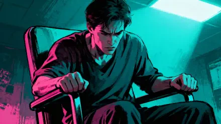 Stressed out man gripping armrests in a tilted chair under neon teal and magenta light — 4K Ultra HD PC desktop wallpaper/background