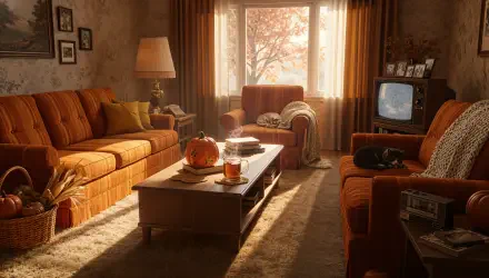 Cozy autumn living room bathed in golden light, orange sofas, pumpkin on coffee table, vintage TV and textured rug — 4K Ultra HD PC desktop wallpaper and background