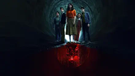 It: Welcome to Derry — 4K Ultra HD PC desktop wallpaper of six people standing in a dark storm drain with a red, mirrored reflection.