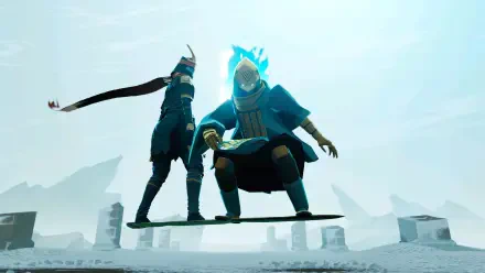 4K Ultra HD PC desktop wallpaper from the video game Sword of the Sea: two gaming characters on a misty shore — one crouched on a levitating board with a blue‑flame helm, the other stands with a flowing scarf.