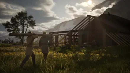 NORSE: Oath of Blood video game 4K Ultra HD PC desktop wallpaper/background — two villagers carry timber toward a longhouse at dusk beneath cloudy skies and distant mountains.