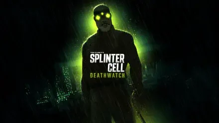 Splinter Cell: Deathwatch 5K Ultra HD PC desktop wallpaper showing a silhouetted agent with glowing green goggles and trench coat emerging from a rain-soaked neon cityscape.