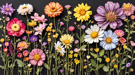 Pressed wildflowers and daisies on a dark background — vivid, highly detailed composition rendered as a 4K Ultra HD PC desktop wallpaper and background.