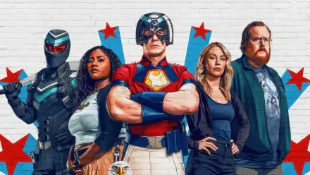 Peacemaker (TV Show) 4K Ultra HD PC desktop wallpaper — Peacemaker stands center with teammates against a white brick wall decorated with red stars.