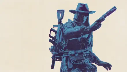 ARC Raiders video game 2K Quad HD PC desktop wallpaper/background: cyan-tinted masked raider in a fedora and tactical gear aiming a rifle against a pale backdrop.