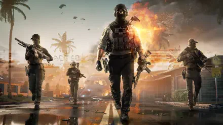 2K Quad HD PC desktop wallpaper: Battlefield video game — Battlefield: RedSec scene of four soldiers marching down a wet street amid explosions, parachutes and palm trees under a fiery sky.