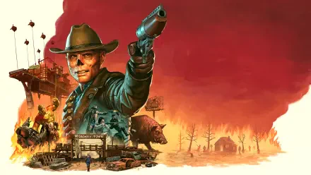 Fallout 76 video game 2K Quad HD PC desktop wallpaper and background: cowboy survivor aiming a pistol over a post‑apocalyptic wasteland with outposts, raiders and mutated creatures beneath a red sky.