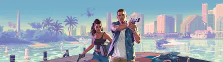 Grand Theft Auto VI game art: HD PC desktop wallpaper of Vice City - two armed characters on a waterfront dock with boombox, helicopter, palm trees and neon skyline.